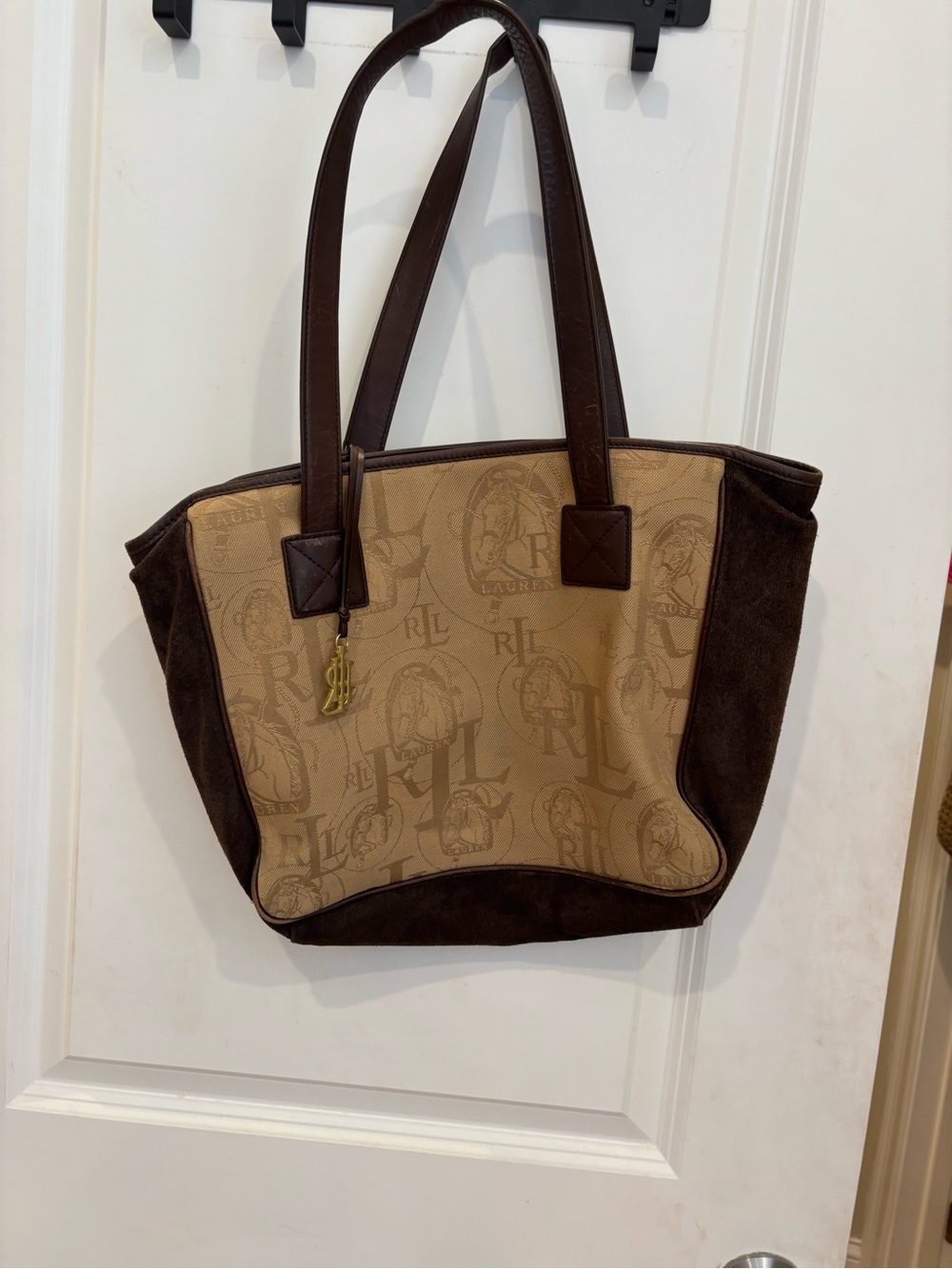 Ralph Lauren Beige Logo Canvas & Dark Brown Suede Tote with Gold Charm